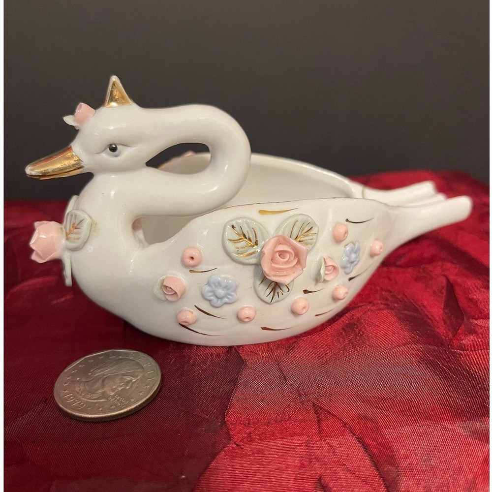Vintage Ceramic Swan Cigarette Ashtray Trinket Dish Pink Applied Roses Gold Trim